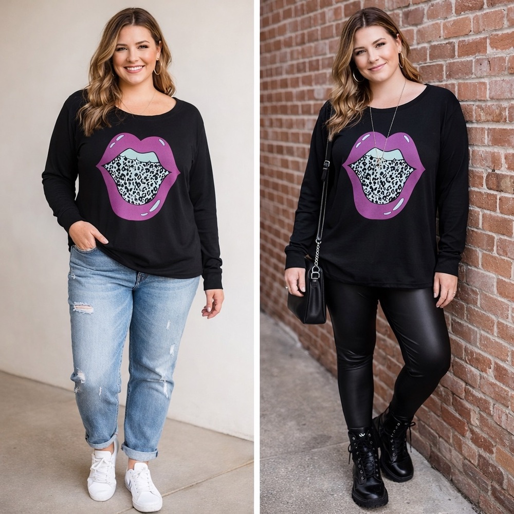 BiBi NWOT Black Sweatshirt with Purple Lips Design